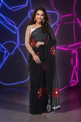 Myraani Floral Print Daily Wear Cotton Linen Saree(Black)
