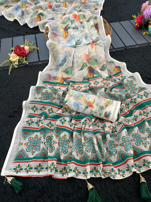 Irenzz Enterprise Digital Print Banarasi Cotton Linen Saree(Multicolor)