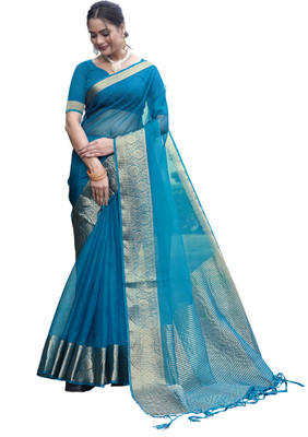 KOTHARI SBT Self Design Bandhani Organza Saree(Blue)