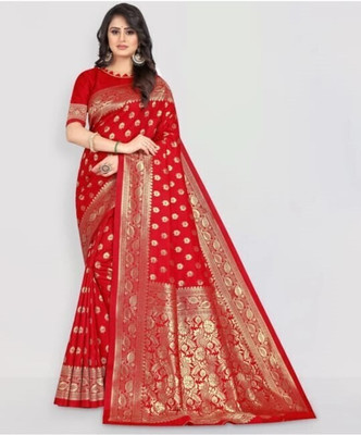 LEAFSY Self Design Banarasi Jacquard Saree(Red)