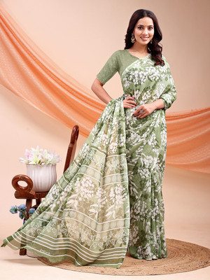 Leelavati Printed Daily Wear Chiffon Saree(Light Green, White)