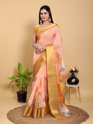 Prime Volt Printed, Floral Print Bollywood Linen Saree(Orange)