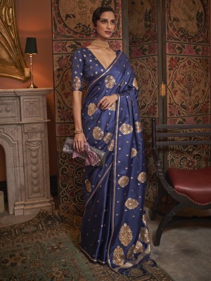 Sareemall Woven Banarasi Silk Blend Saree(Dark Blue)