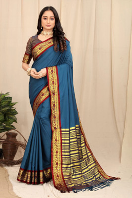 DEAR BUNNY Solid/Plain Ikkat Cotton Silk Saree(Light Blue)