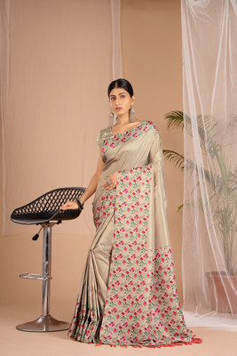 WISHLIST Digital Print Banarasi Silk Blend Saree(Beige)