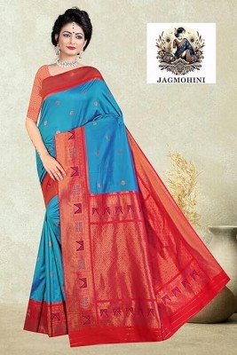 JAGMOHINI Solid/Plain Banarasi Raw Silk Saree(Blue)