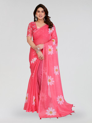 Moda Rapido Floral Print Bollywood Cotton Blend Saree(Pink)