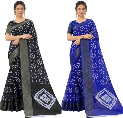 Saadhvi Printed Bandhani Pure Cotton Saree(Pack of 2, Black, Dark Blue)