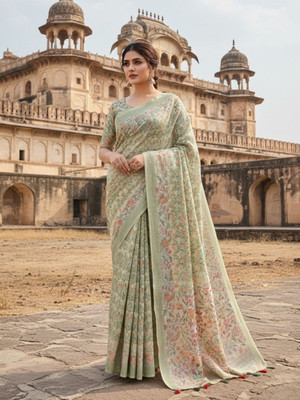 rujave Printed, Floral Print, Paisley Bollywood Linen Saree(Blue)