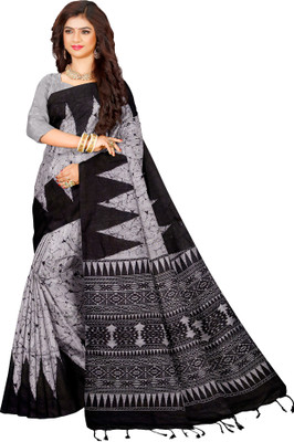 Quetzal Printed, Geometric Print Sambalpuri Pure Cotton Saree(Grey, Black)