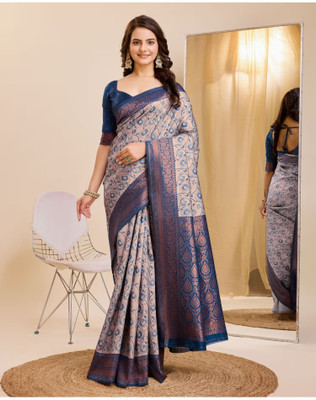 VASTUKALA Woven Kanjivaram Pure Silk, Art Silk Saree(Light Blue, Blue)