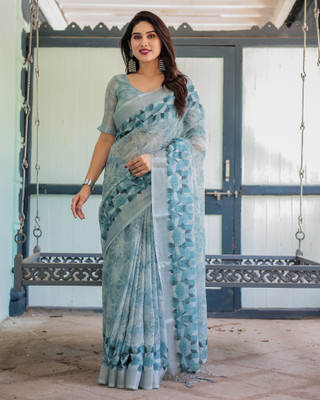 DHAYNAAND REEWA FASHION Floral Print Kanjivaram Linen Saree(Blue)