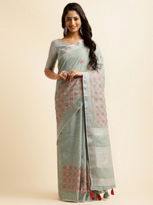 NEGRONI Printed Daily Wear Cotton Linen Saree(Light Green)