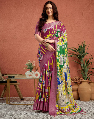 Tasrika Printed, Woven, Embellished Kalamkari Tussar Silk, Cotton Silk Saree(Pink)