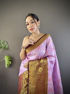 SHARDHA FASHION Woven, Embroidered, Embellished Banarasi Pure Silk Saree(Black, Yellow, Purple)