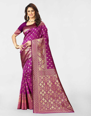 Divastri Woven Kanjivaram Silk Blend, Jacquard Saree(Magenta)