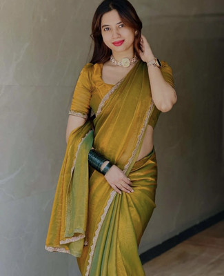 MSC TRENDLINE SAREES Solid/Plain, Self Design Bollywood Chiffon Saree(Gold)