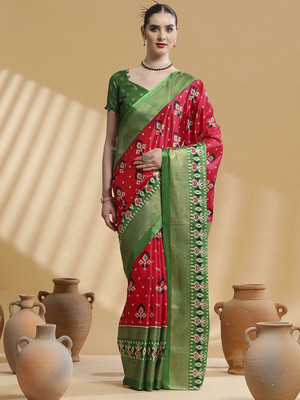 Anouk Rustic Printed Ikkat Silk Blend Saree(Red)