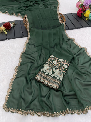 K 5 FASHION Embellished, Solid/Plain Bollywood Georgette Saree(Green)