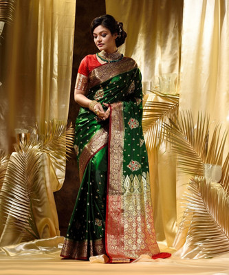 Dulhan Collection Embroidered Banarasi Satin Saree(Light Green)