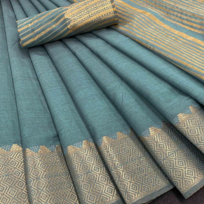 SIYADECOR Striped Banarasi Pure Silk, Cotton Silk Saree(Blue)