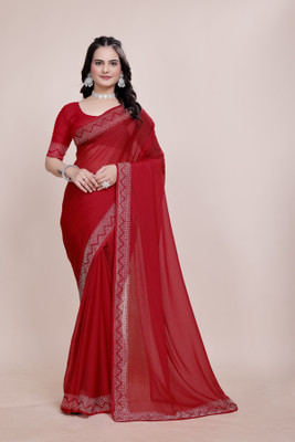 Lajamani Fashion Solid/Plain, Embellished Bollywood Georgette Saree(Red)