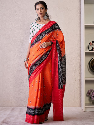 Tasrika Printed Pochampally Cotton Blend Saree(Orange)