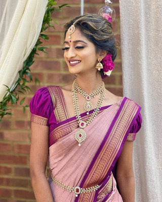 KanjiQueen Woven Banarasi Cotton Blend Saree(Pink, Purple)