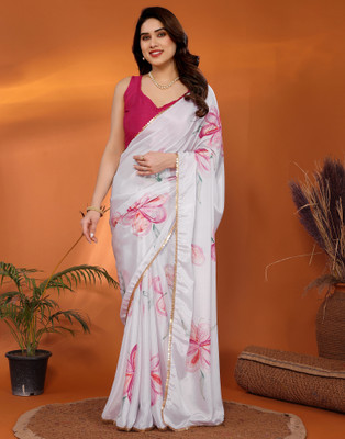 Samah Embellished, Printed Bollywood Chiffon, Silk Blend Saree(White)
