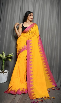 HouseOfCommon Temple Border Handloom Pure Cotton Saree(Yellow)