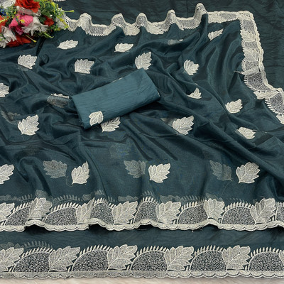 BELLETRENDZ Embroidered Bollywood Net Saree(Green)