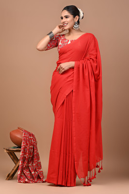 Dreamwrap Solid/Plain Handloom Khadi Saree(Red)