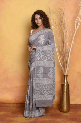 Very Much Indian Blocked Printed Handloom Pure Cotton Saree(Grey)