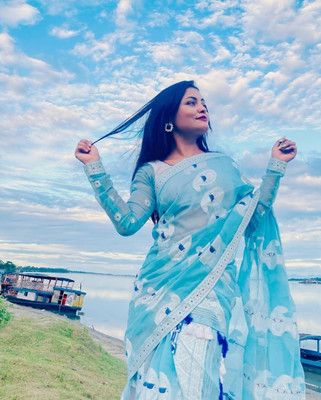 YASA CREATION Woven Mekhela Chador Pure Cotton Saree(Light Blue)