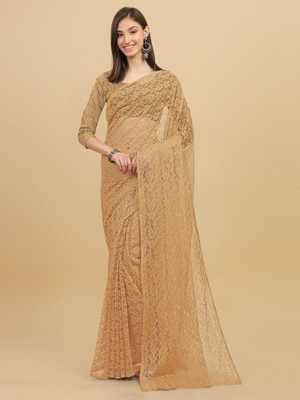 IRIS Self Design Bollywood Net Saree(Beige)