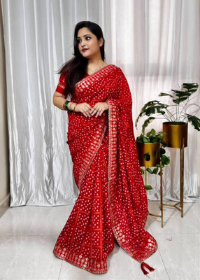 NAMI ENTERPRISE Printed, Embroidered Bollywood Silk Blend Saree(Red)