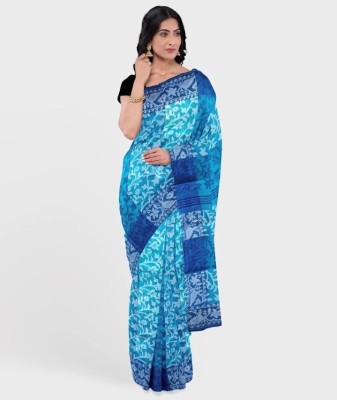 Kinder WB Printed Jamdani Cotton Blend, Cotton Silk Saree(Light Blue, Blue, Multicolor)