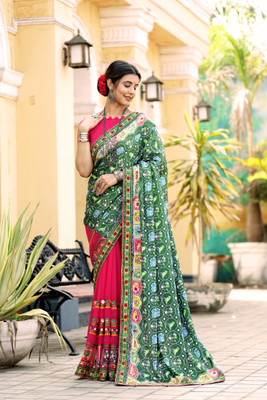ALAGINI Embroidered Patola Georgette Saree(Green)