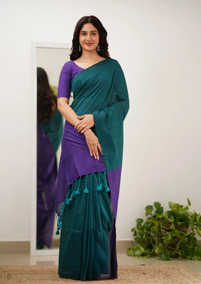 SUEE SUTA Color Block Handloom Cotton Blend Saree(Dark Green)