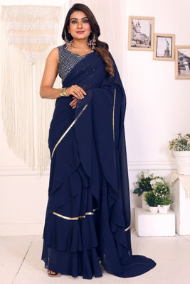 PATLANI STYLE Embroidered Pre Draped Saree Georgette Saree(Dark Blue)
