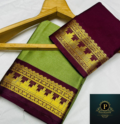 Paramparik Textile Woven Banarasi Cotton Silk Saree(Green)