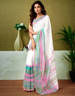 Divastri Floral Print, Geometric Print, Printed Sambalpuri Chanderi, Cotton Blend Saree(White)