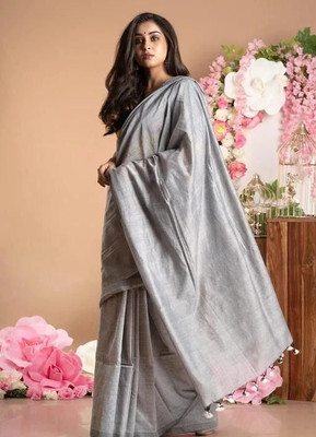 SMRITI BOUTIQUE Solid/Plain Handloom Handloom Cotton Blend Saree(Grey)