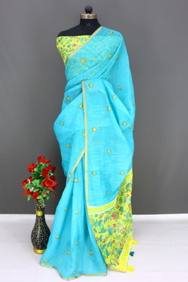 nirave fashion Printed Bollywood Linen, Cotton Blend Saree(Light Blue)