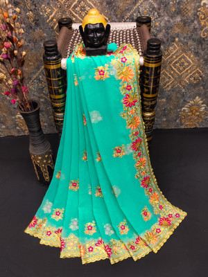 MIYANIFAB Embroidered Bollywood Georgette Saree(Light Blue)