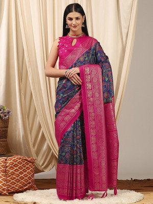 Tasrika Printed Chinnalapattu Cotton Blend Saree(Dark Blue)