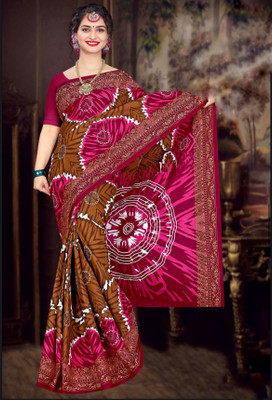 ETHNIC ODISHA HANDLOOM Printed Sambalpuri Pure Cotton Saree(Brown, Pink)