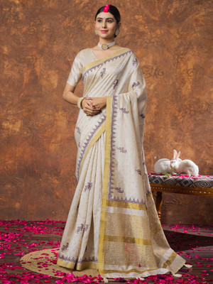 Sareemall Woven Kasavu Linen Saree(Cream)