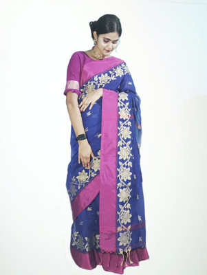 ADbutiq Woven Tant Cotton Blend Saree(Blue)