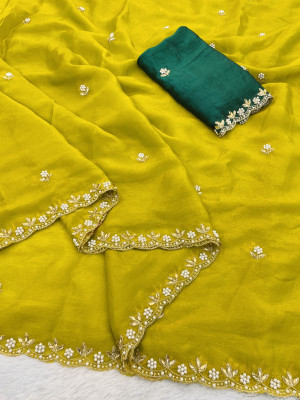 saanvi Solid/Plain, Self Design, Embroidered Bollywood Jimmy choo, Chiffon Saree(Yellow)